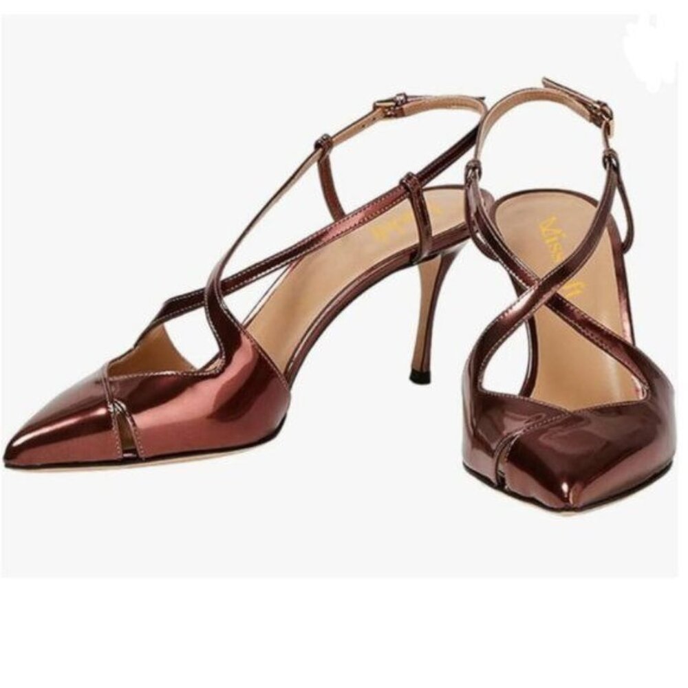 Miss left Brown Stylish Pointy Toe Slingback High Heels Crisscross Buckles Pump